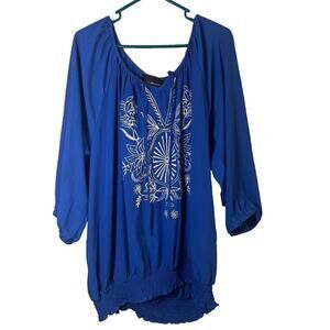 Womens Royal Blue Embroidered peasant top Blouse 22/24 Hippie Retro Workwear
